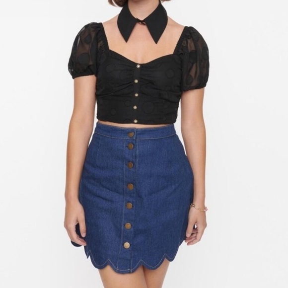 Smak Parlour Unique Vintage NWT NEW Denim Scallop Hem Suspender Mini Skirt Small - Picture 7 of 16